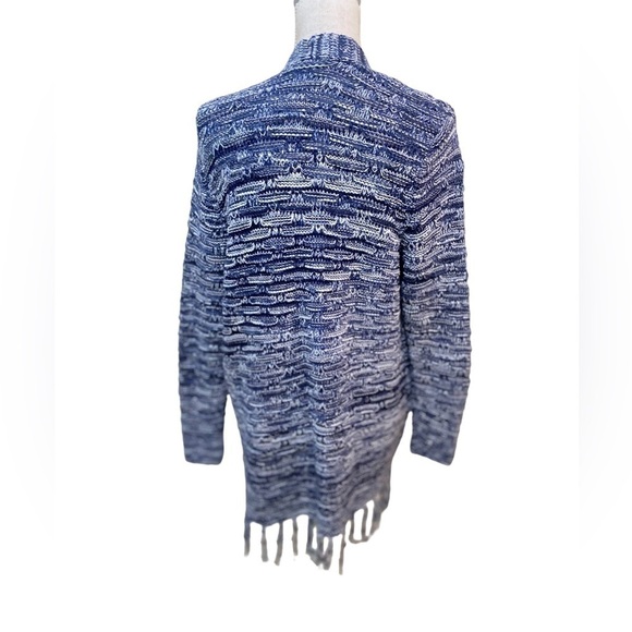 Chicos blue marled nubby Cotton blend midweight cardigan with fringe large - Picture 8 of 10
